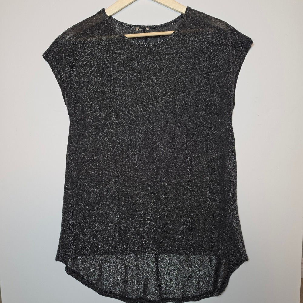 Calliope Shimmer Metallic Knit High Low Short Sleeve Top Black Large